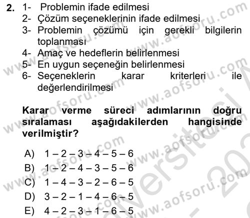Karar Modelleri Dersi 2023 - 2024 Yılı Yaz Okulu Sınav Soruları 2. Soru