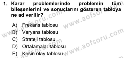 Karar Modelleri Dersi 2024 - 2025 Yılı (Vize) Ara Sınavı 1. Soru