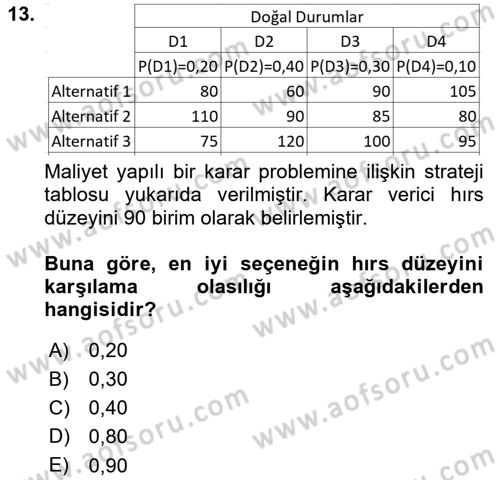 Karar Modelleri Dersi 2024 - 2025 Yılı (Vize) Ara Sınavı 13. Soru