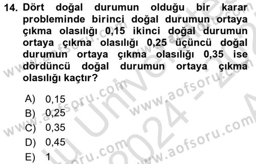 Karar Modelleri Dersi 2024 - 2025 Yılı (Vize) Ara Sınavı 14. Soru