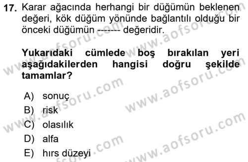 Karar Modelleri Dersi 2024 - 2025 Yılı (Vize) Ara Sınavı 17. Soru