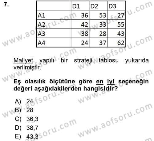 Karar Modelleri Dersi 2024 - 2025 Yılı (Vize) Ara Sınavı 7. Soru