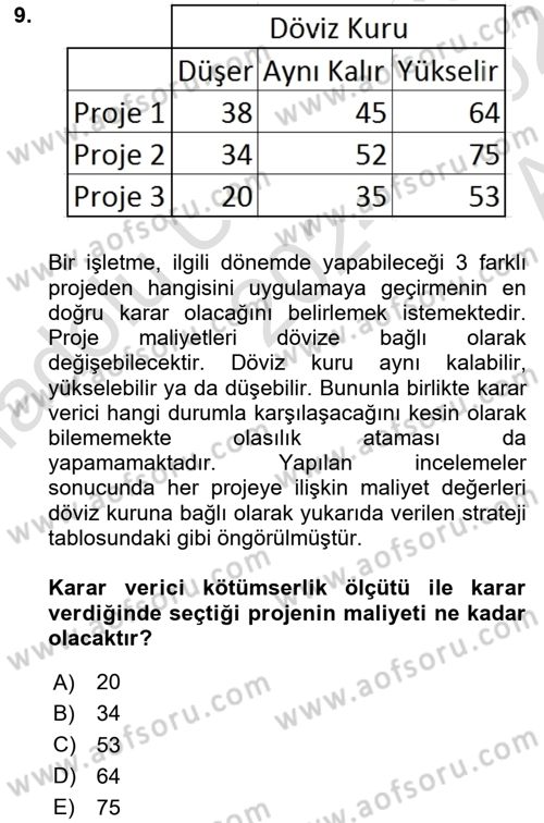 Karar Modelleri Dersi 2024 - 2025 Yılı (Vize) Ara Sınavı 9. Soru