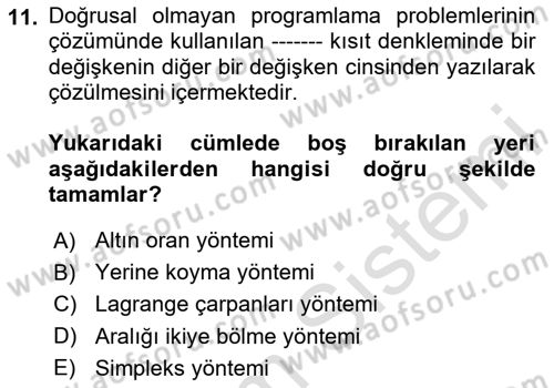 Karar Modelleri Dersi 2024 - 2025 Yılı (Final) Dönem Sonu Sınav Soruları 11. Soru