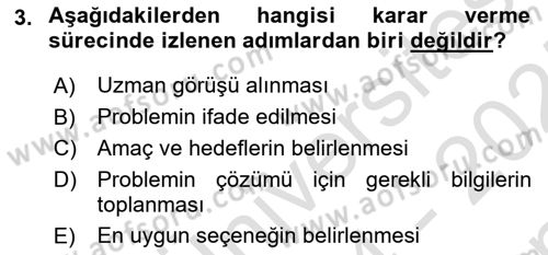 Karar Modelleri Dersi 2024 - 2025 Yılı (Final) Dönem Sonu Sınav Soruları 3. Soru