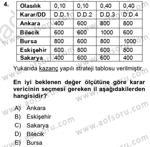 Karar Modelleri Dersi 2024 - 2025 Yılı (Final) Dönem Sonu Sınav Soruları 4. Soru