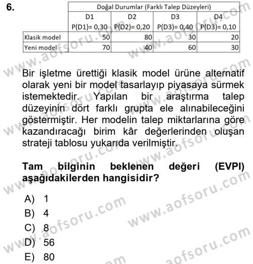 Karar Modelleri Dersi 2024 - 2025 Yılı (Final) Dönem Sonu Sınav Soruları 6. Soru