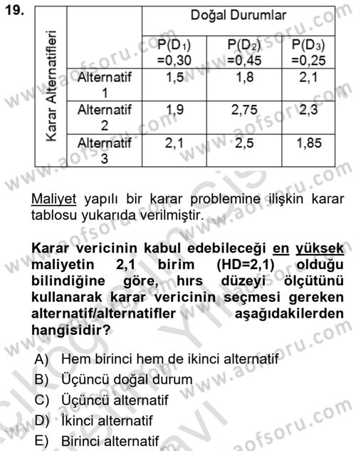 Karar Modelleri Dersi 2024 - 2025 Yılı Yaz Okulu Sınav Soruları 19. Soru