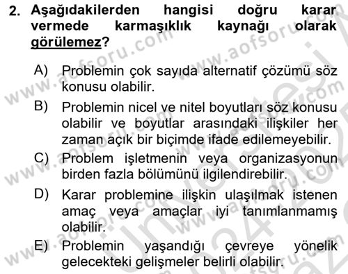 Karar Modelleri Dersi 2024 - 2025 Yılı Yaz Okulu Sınav Soruları 2. Soru