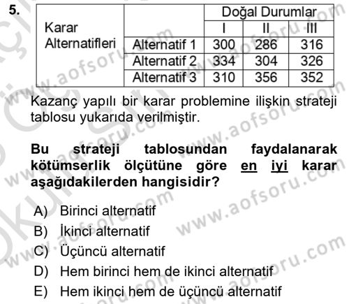 Karar Modelleri Dersi 2024 - 2025 Yılı Yaz Okulu Sınav Soruları 5. Soru