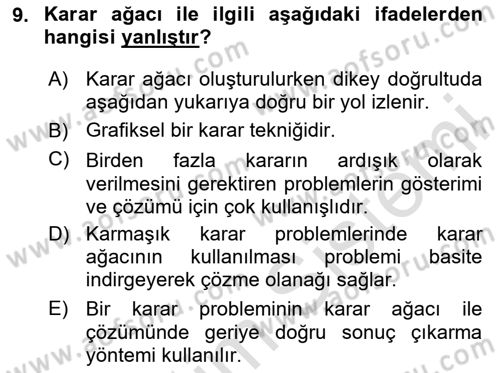 Karar Modelleri Dersi 2024 - 2025 Yılı Yaz Okulu Sınav Soruları 9. Soru