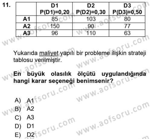 Karar Modelleri Dersi 2025 - 2026 Yılı (Vize) Ara Sınav Soruları 11. Soru