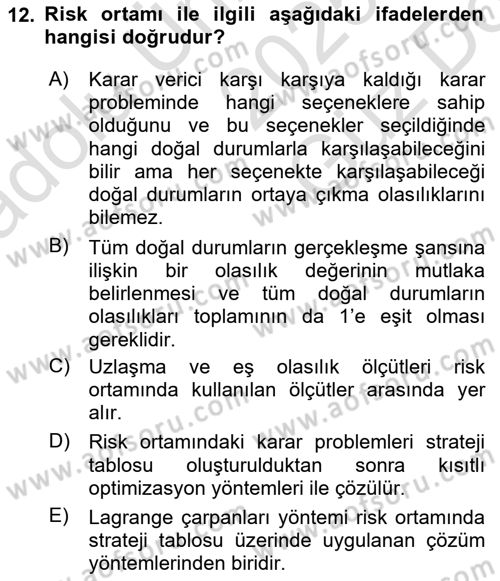 Karar Modelleri Dersi 2025 - 2026 Yılı (Vize) Ara Sınav Soruları 12. Soru