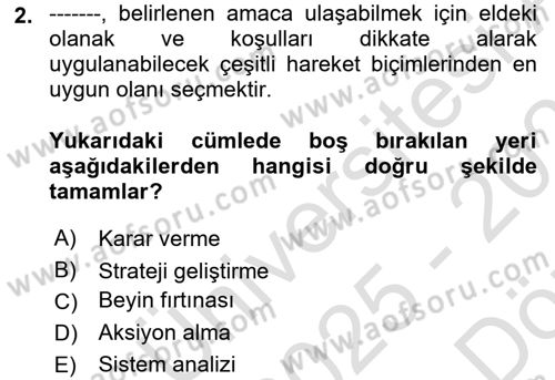 Karar Modelleri Dersi 2025 - 2026 Yılı (Vize) Ara Sınav Soruları 2. Soru