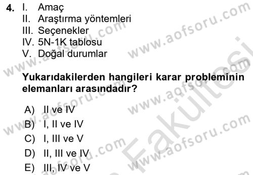 Karar Modelleri Dersi 2025 - 2026 Yılı (Vize) Ara Sınav Soruları 4. Soru