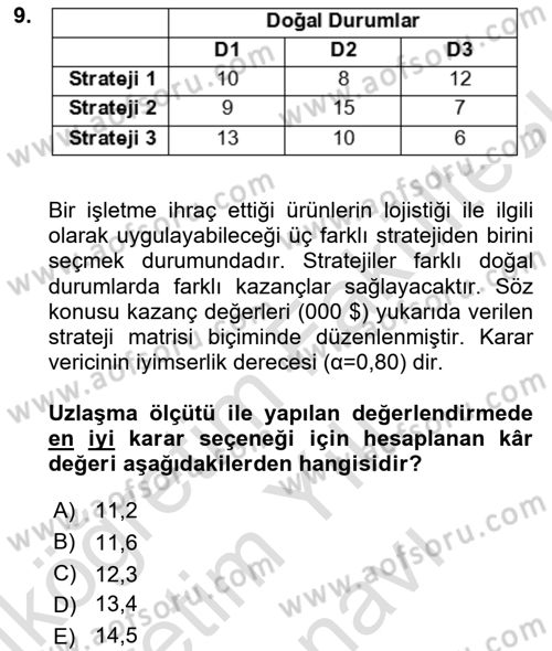 Karar Modelleri Dersi 2025 - 2026 Yılı (Vize) Ara Sınav Soruları 9. Soru