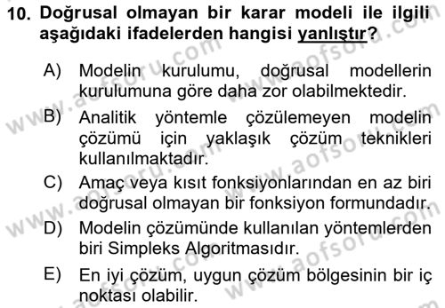 Karar Modelleri Dersi 2025 - 2026 Yılı (Final) Dönem Sonu Sınav Soruları 10. Soru