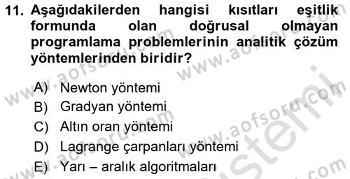 Karar Modelleri Dersi 2025 - 2026 Yılı (Final) Dönem Sonu Sınav Soruları 11. Soru