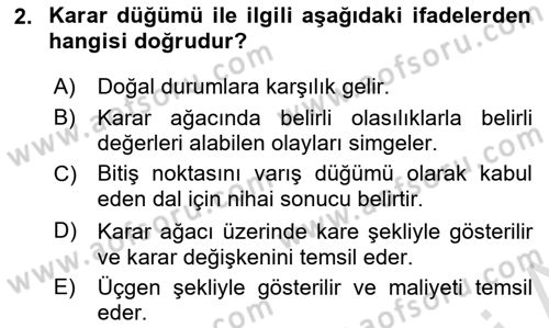 Karar Modelleri Dersi 2025 - 2026 Yılı (Final) Dönem Sonu Sınav Soruları 2. Soru