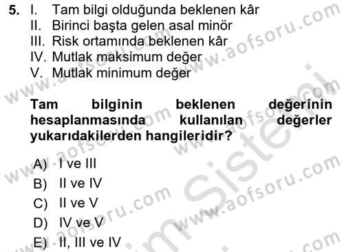 Karar Modelleri Dersi 2025 - 2026 Yılı (Final) Dönem Sonu Sınav Soruları 5. Soru