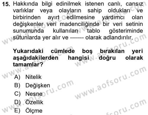 Veri Madenciliği Dersi 2018 - 2019 Yılı (Vize) Ara Sınav Soruları 15. Soru
