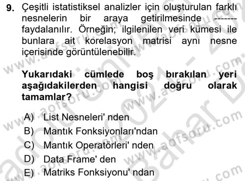 Veri Madenciliği Dersi 2021 - 2022 Yılı (Vize) Ara Sınav Soruları 9. Soru