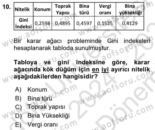 Veri Madenciliği Dersi 2024 - 2025 Yılı (Final) Dönem Sonu Sınav Soruları 10. Soru