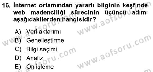 Veri Madenciliği Dersi 2025 - 2026 Yılı (Final) Dönem Sonu Sınav Soruları 16. Soru