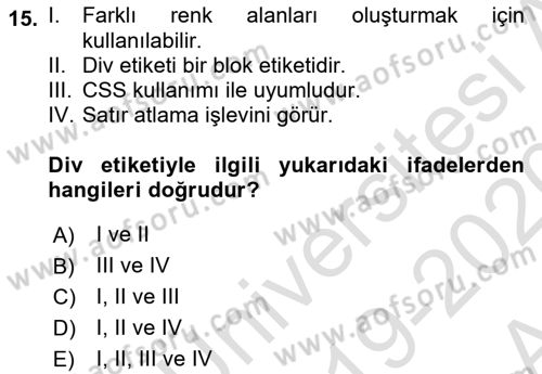 İnternet Ve Web Programlama Dersi 2019 - 2020 Yılı (Vize) Ara Sınav Soruları 15. Soru
