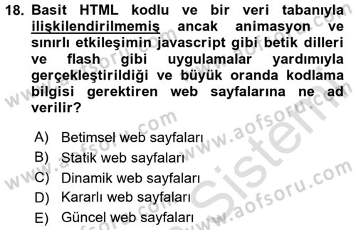 İnternet Ve Web Programlama Dersi 2020 - 2021 Yılı Yaz Okulu Sınav Soruları 18. Soru