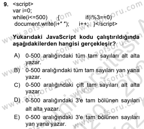 İnternet Ve Web Programlama Dersi 2020 - 2021 Yılı Yaz Okulu Sınav Soruları 9. Soru