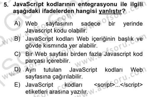 İnternet Ve Web Programlama Dersi 2022 - 2023 Yılı (Final) Dönem Sonu Sınav Soruları 5. Soru