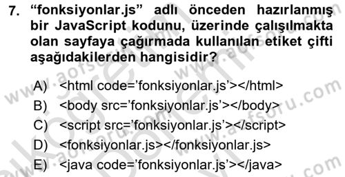 İnternet Ve Web Programlama Dersi 2024 - 2025 Yılı (Final) Dönem Sonu Sınav Soruları 7. Soru