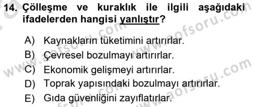 Çevre Bilimleri Dersi 2021 - 2022 Yılı (Vize) Ara Sınav Soruları 14. Soru