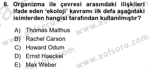 Çevre Bilimleri Dersi 2021 - 2022 Yılı (Vize) Ara Sınav Soruları 6. Soru