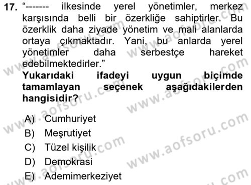 Yerel Ekonomik Kalkınma Dersi 2021 - 2022 Yılı (Vize) Ara Sınav Soruları 17. Soru