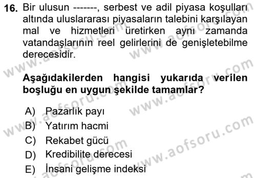 Yerel Ekonomik Kalkınma Dersi 2021 - 2022 Yılı (Final) Dönem Sonu Sınav Soruları 16. Soru