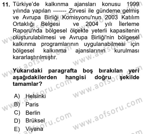 Yerel Ekonomik Kalkınma Dersi 2021 - 2022 Yılı Yaz Okulu Sınav Soruları 11. Soru