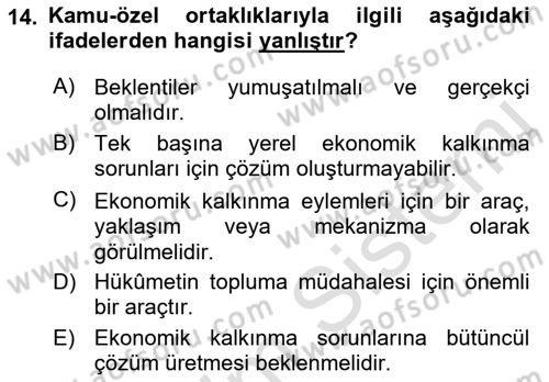 Yerel Ekonomik Kalkınma Dersi 2021 - 2022 Yılı Yaz Okulu Sınav Soruları 14. Soru