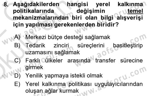 Yerel Ekonomik Kalkınma Dersi 2021 - 2022 Yılı Yaz Okulu Sınav Soruları 8. Soru