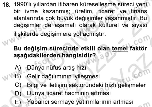 Yerel Ekonomik Kalkınma Dersi 2022 - 2023 Yılı Yaz Okulu Sınav Soruları 18. Soru