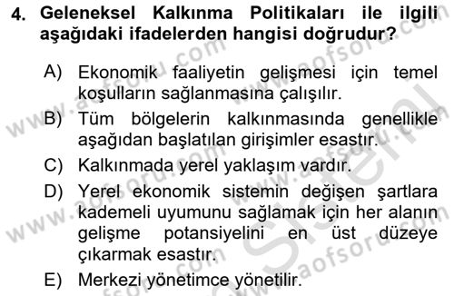 Yerel Ekonomik Kalkınma Dersi 2022 - 2023 Yılı Yaz Okulu Sınav Soruları 4. Soru