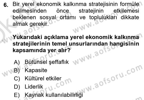 Yerel Ekonomik Kalkınma Dersi 2022 - 2023 Yılı Yaz Okulu Sınav Soruları 6. Soru