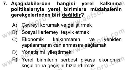 Yerel Ekonomik Kalkınma Dersi 2022 - 2023 Yılı Yaz Okulu Sınav Soruları 7. Soru