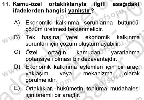 Yerel Ekonomik Kalkınma Dersi 2023 - 2024 Yılı (Vize) Ara Sınav Soruları 11. Soru