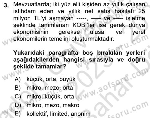 Yerel Ekonomik Kalkınma Dersi 2023 - 2024 Yılı (Vize) Ara Sınav Soruları 3. Soru