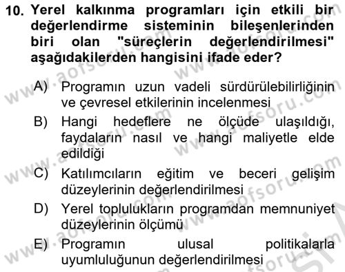 Yerel Ekonomik Kalkınma Dersi 2023 - 2024 Yılı Yaz Okulu Sınav Soruları 10. Soru
