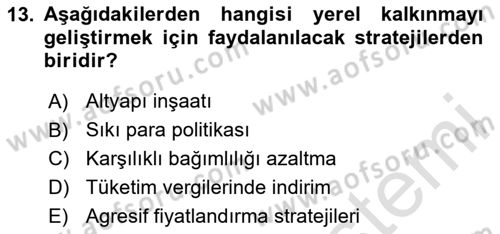 Yerel Ekonomik Kalkınma Dersi 2023 - 2024 Yılı Yaz Okulu Sınav Soruları 13. Soru