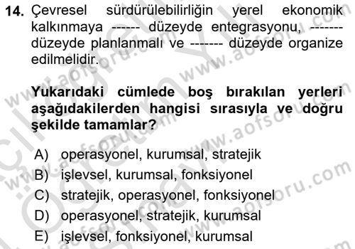 Yerel Ekonomik Kalkınma Dersi 2023 - 2024 Yılı Yaz Okulu Sınav Soruları 14. Soru