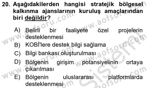 Yerel Ekonomik Kalkınma Dersi 2023 - 2024 Yılı Yaz Okulu Sınav Soruları 20. Soru